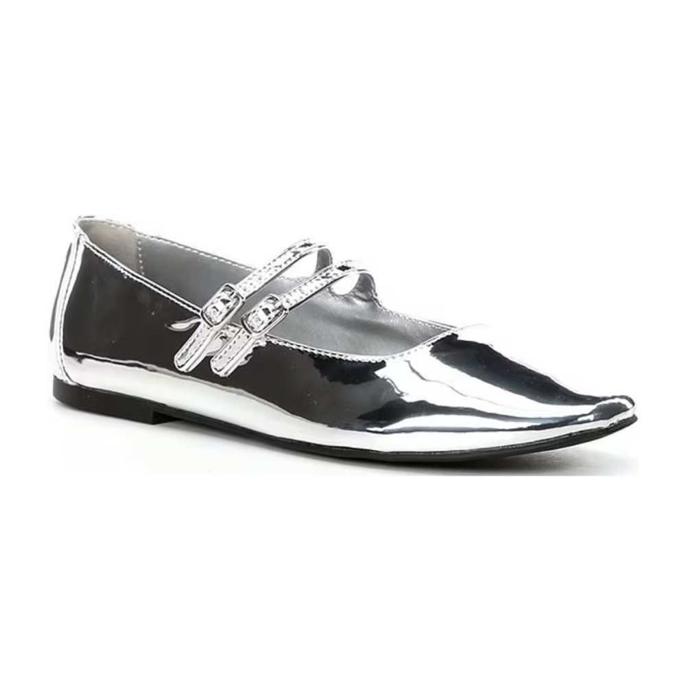 NEW Steve Madden Alisah Double-Buckle Mary Jane Flats in Silver Metallic